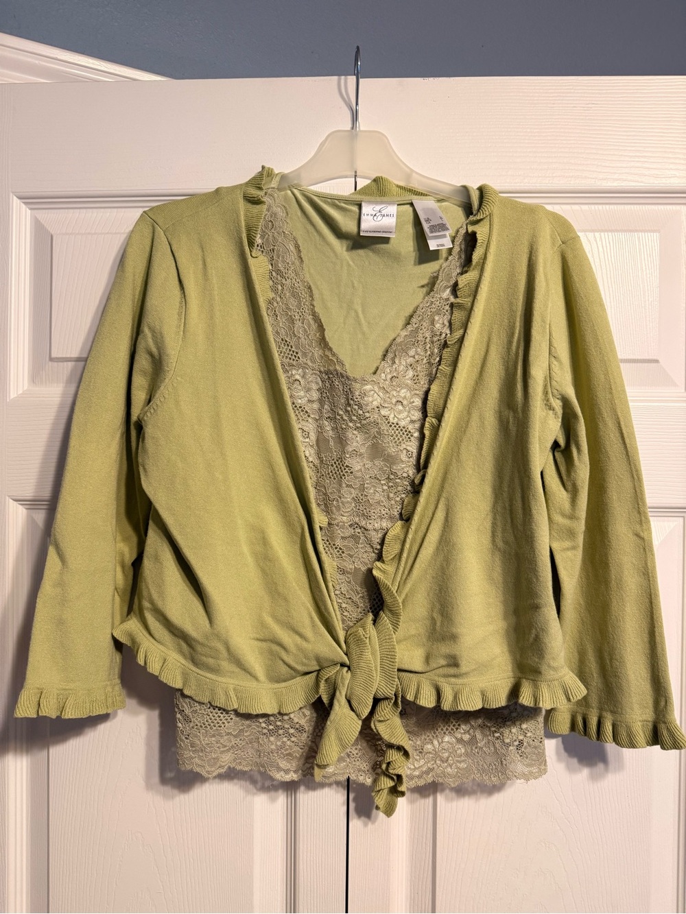 Emma James Light Green Lace-Trim Tie Front Cardigan